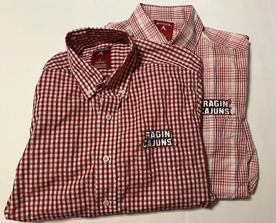 Set Of 2 ANTIGUA Men’s Ragin’ Cajuns Short Sleeve Red & White Plaid Button Up S - Image 1 of 4
