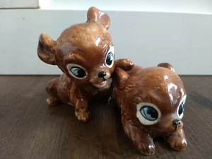 Vintage Japan Bear Cub Pair Set Kreiss Figurine Brown Crouching Ceramic Big Eyes - Picture 1 of 9