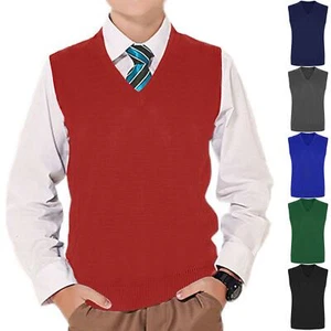 KIDS BOYS GIRLS V NECK SLEEVELESS KNITTED TANK TOP JUMPER UNIFORM SCHOOL WEAR - Picture 1 of 7
