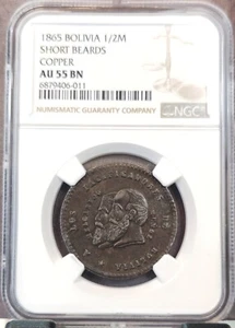 1865 BOLIVIA 1/2 MELGAREJO COPPER SHORT BEARDS NGC AU 55 BN RARE PATTERN COIN - Picture 1 of 3