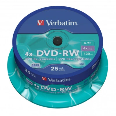 25 DVD-RW Verbatim Matt Silver REWRITABLE 4,7GB 4X RISCRIVIBILI Cake Box 43639 - Immagine 1 di 3