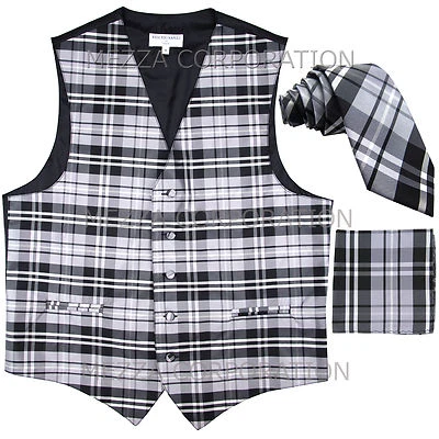 New Vesuvio Napoli Men's plaid Tuxedo Vest_2.5" Self Tie Necktie & Hankie Gray - Image 1 of 4