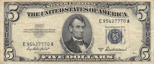 USA $5 Series of 1953 A Block E - A Circulated Banknote N #11 - Picture 1 of 2