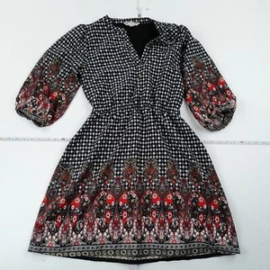 YUMI Dress 8 Black Womens 3/4 Sleeve Knee Length Patterned - Picture 1 of 10