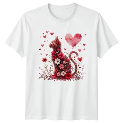 Cat Floral Heart Animals Mens T-Shirt Womens Graphic Tee Feline Lover - Image 1 of 4