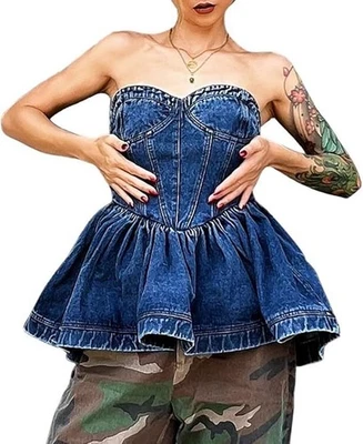 Top de mezclilla corsé cuello corazón Madonna & Co para mujer - azul denim - L Foto 1 de 4