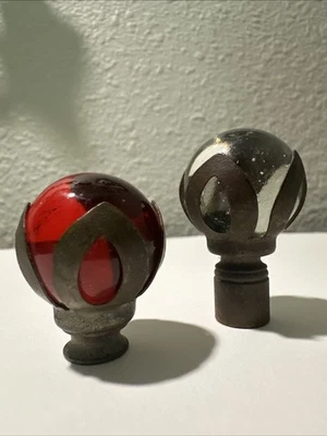 Set of 2 Original Vintage Ruby Red and Clear Glass Lamp Finials Brass finish - Image 1 of 4