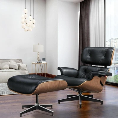 Sillón reclinable de madera de nogal y otomano de cuero real negro Foto 1 de 4