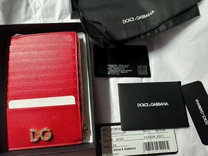 Dolce Gabbana Wallet/card holder Rosso Grain Leather DG Crystal Logo Zip Top - Picture 1 of 4