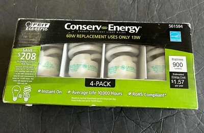 Pack of 4 Feit Electric Conserv Energy 60W Light Bulbs Uses 13W 900 Lumens - Image 1 of 2