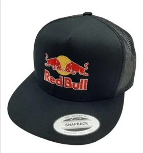 Red Bull Black Flat Bill Trucker Cap Yupoong Vtg Retro Black snapback OSFM - Picture 1 of 1
