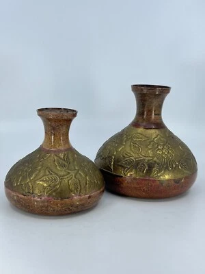 2 VTG Ornate Solid Brass Vase Narrow Mouth Embossed Floral Flower Bouquet Vases - Image 1 of 4