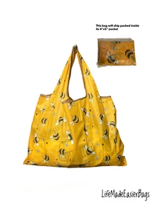 Bumblebee Print Large Yellow Nylon Shopper Tote Bag Eco Reusable Packable Bag - Picture 1 of 11