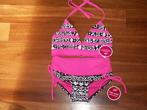 NWT JUSTICE GIRL SWIMSUIT 2 PC BIKINI BLACK WHITE HOT PINK SIZE 5 NEW - Picture 1 of 3