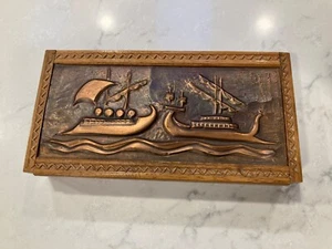 Viking ships copper relief wood box - Picture 1 of 11