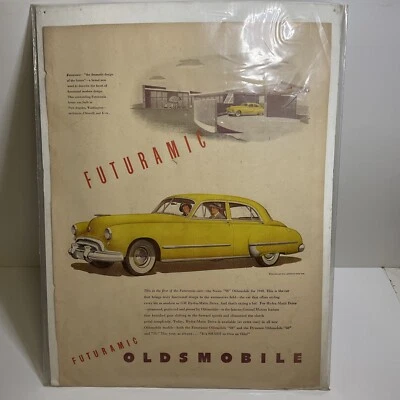1948 Print Ad Yellow Oldsmobile Futuramic Sedan Car with White Sidewall Tires  - Image 1 of 4