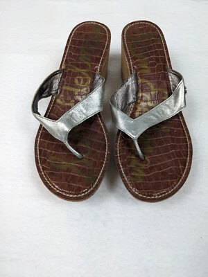 Sandalias de plataforma Sam Edelman Romy cuero plateado 9,5 corcho cuña tanga chanclas Foto 1 de 4