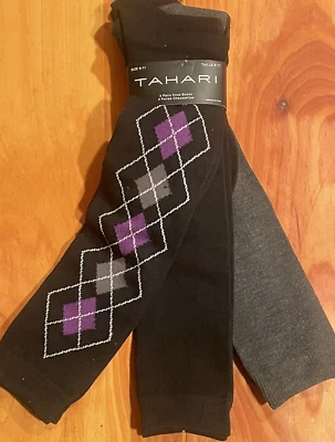 TAHARI 3 Pair Black/Purple + Solid Black Gray Knee Socks Shoe sz 5-10 Wonderful! - Image 1 of 4