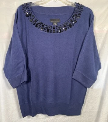 Blusa para mujer ATENCIÓN manga 3/4" azul con cuentas negras talla grande Foto 1 de 3