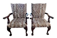 Pair of Carved Mahogany Newly Upholstered Leopard Print Arm Chairs