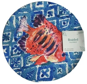 Blue Fish Placemats Set of 4 Braided Cotton 15" Rd Beach Summer House Tropical - Picture 1 of 12