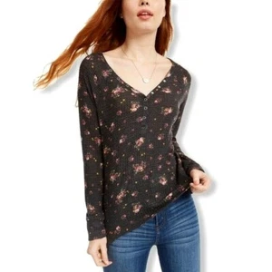 Ultra Flirt Womens Black Floral Cozy Waffle Knit Henley Basic Top Size Medium - Picture 1 of 10