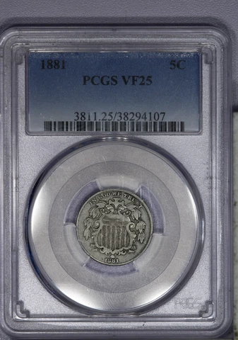 1881 Shield Nickel 5c PCGS VF25 LB Cover