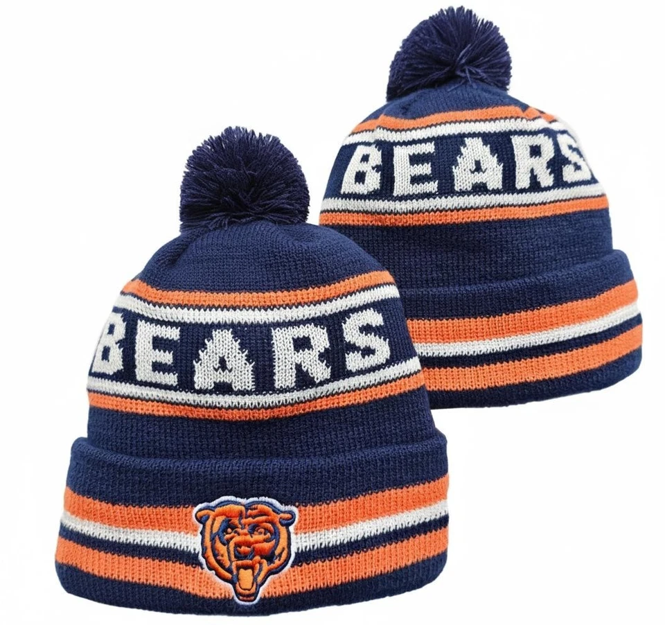 Chicago Bears Knit Beanie | Thermal Fleece Lined Pom Winter Hat | Navy Orange