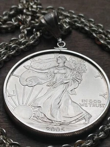 2005 American Silver Eagle Coin pendant 22" Sterling Silver Logging chain W BOX - Picture 1 of 17