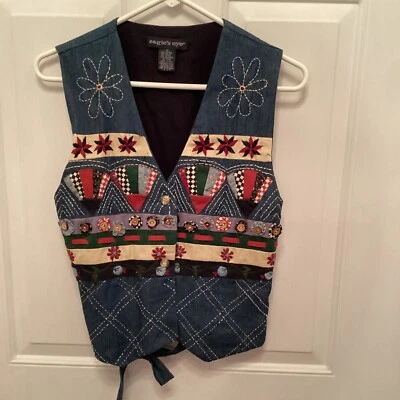 Vintage Eagle's Eye Vest Denim Embroidered Embellished Country Cottage Core 90's - Image 1 of 3