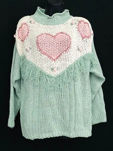 Vintage 1980s heart sweater, pink green white novelty print oversized fringe - Picture 1 of 6