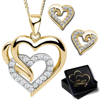 Herz Ohrringe Halskette mit Anhänger 925 Silber Gold für Damen Frauen Schmuckset - Bild 1 von 4