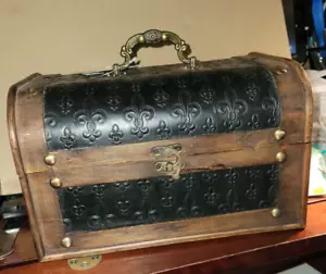 Ashland Collection Brown Wood & Black Fleur De Lis Faux Leather Trunk - Picture 1 of 8
