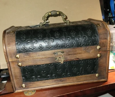 Ashland Collection Brown Wood & Black Fleur De Lis Faux Leather Trunk - Image 1 of 4