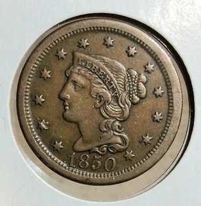 1850 DATE BRAIDED HAIR LARGE CENT (1 c.) COIN ALMOST UNCIRCULATED (AU) CONDITION - Picture 1 of 5