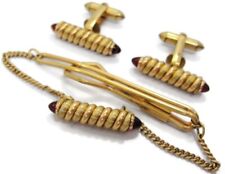 Correct Quality Rolled Gold Plate Cufflinks Set Tie Bar Spiral Red Glass Ends