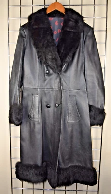 Vintage Leather Long Coat Herber Size S/M 80s Black Faux Fur Trim Made Spain - Image 1 of 4