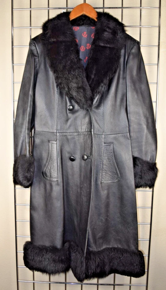 Vintage Leather Long Coat Herber Size S/M 80s Black Faux Fur Trim Made Spain - Image 1 of 4