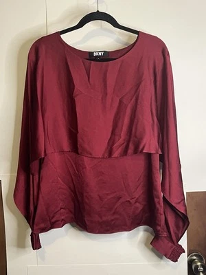 DKNY Women’s Size M Burgundy Polyester Smocked Split Sleeve Top - Image 1 of 4