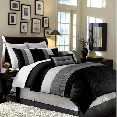 Juego de edredón a rayas de lujo de 8 piezas Chezmoi Collection Loft (queen, negro/gr... Foto 1 de 4