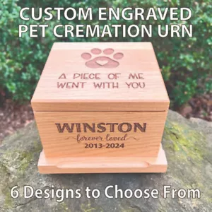 URN CUSTOM LASER ENGRAVED TOP & FRONT INCLUDED- 4.5" WOOD PET MEMORIAL DOG CAT - Picture 1 of 6