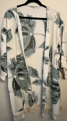 Floral Fringe Women's Kimono Cardigan Cover up Semi Sheer Ivory Blue Foto 1 de 4
