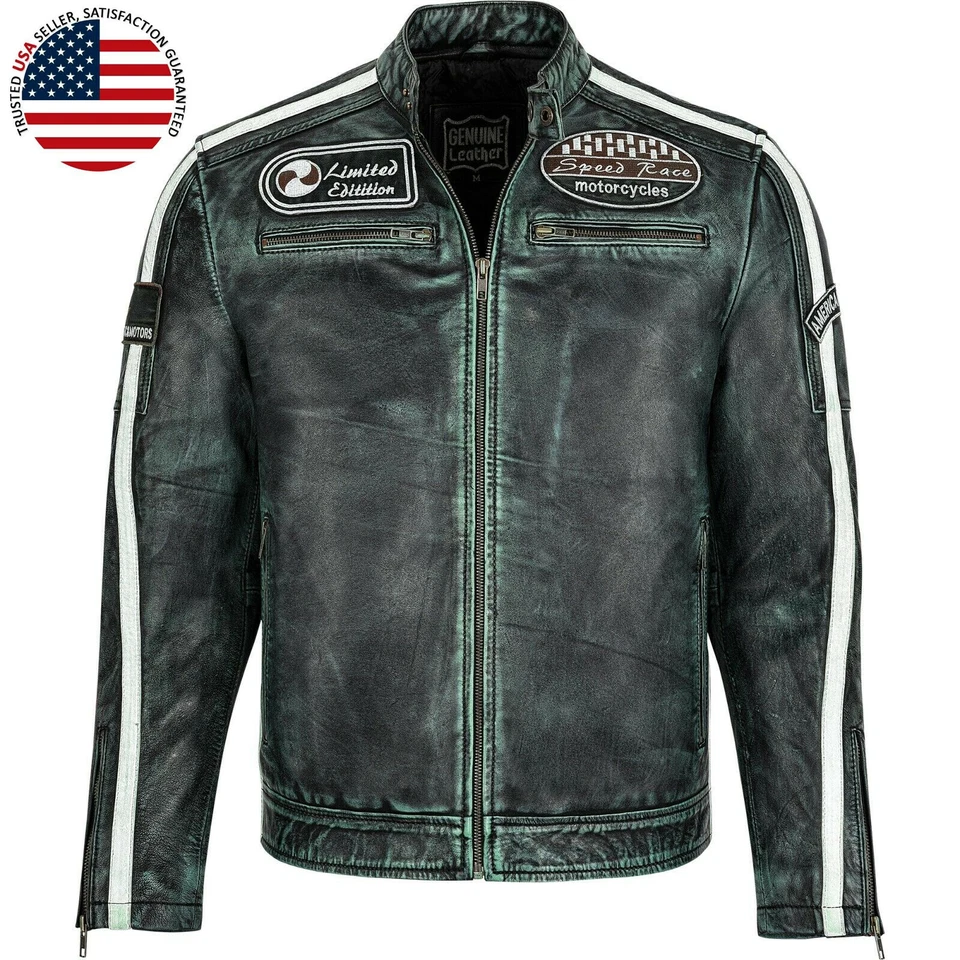Chaqueta de cuero genuino de piel de cordero para hombre negra ajustada chaqueta de motociclista motocicleta nueva Foto 1 de 4