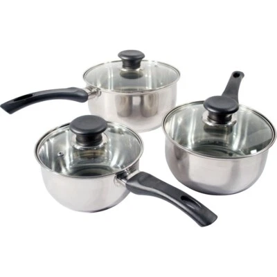 3 Pan Set Stainless Steel Saucepans Cookware Cooking Pots & Glass Lids & Handles - Image 1 of 3