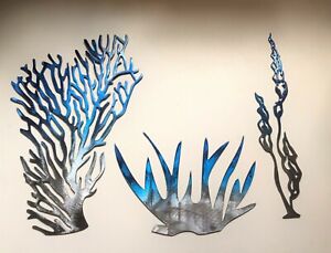 Sea Coral/Plant Collection of 3 Metal Wall Art Décor - Blue Tinged Size varies