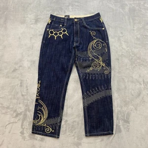 Vintage Y2K IMPERIOUS DELF Jeans Men 34x30 (32x27) Blue BULLETS & BRASS KNUCKLES - Picture 1 of 16