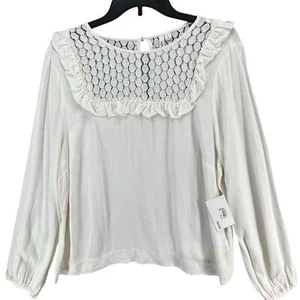 Kensie Top Womens L Ivory Textured Knit Blouse Lace Ruffle Modern Romantic Boho - Picture 1 of 16