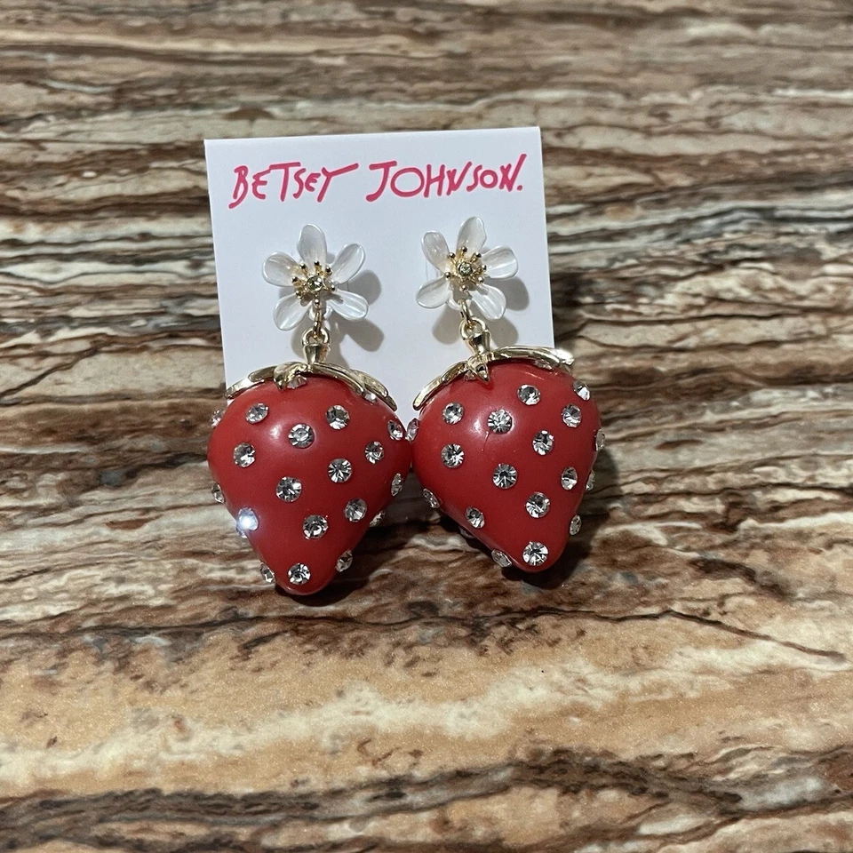 Betsey Johnson Cute Red Strawberry With White Flower Drop Earrings