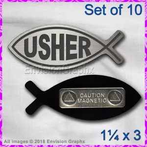 Set of 10 USHER engraved silver church name badges w/ magnet in Jesus fish shape - Bild 1 von 1