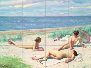 Panel de cerámica de mosaico de niñas Paul Fischer en la playa - mural de azulejos - Imagen 1 de 4